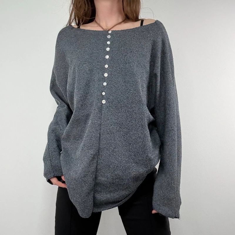 grey henley button detailed slouchy off the shoulder t-shirt