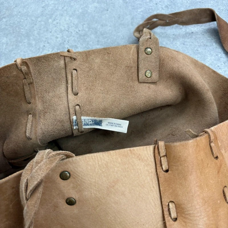 Beige leather woven distressed shoulder bag