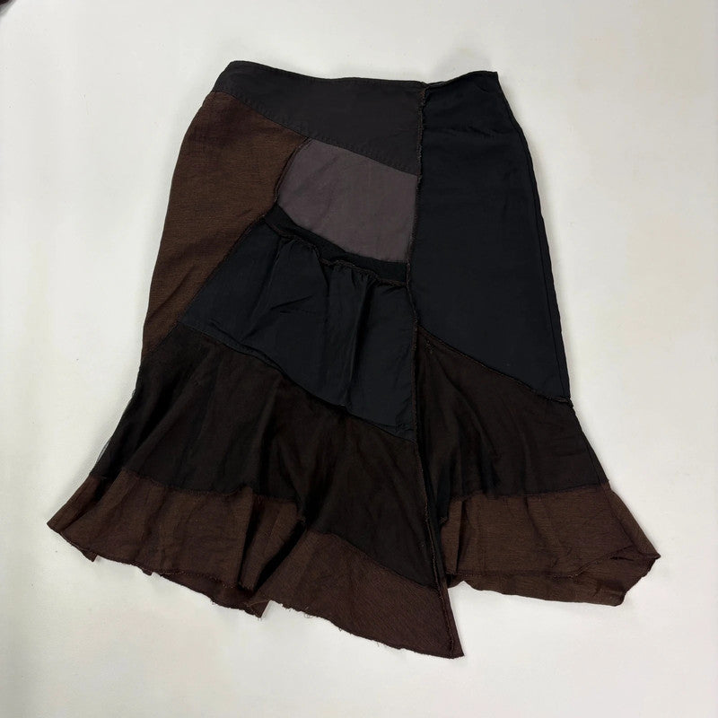 panelled patchwork asymmetric black midi skirt