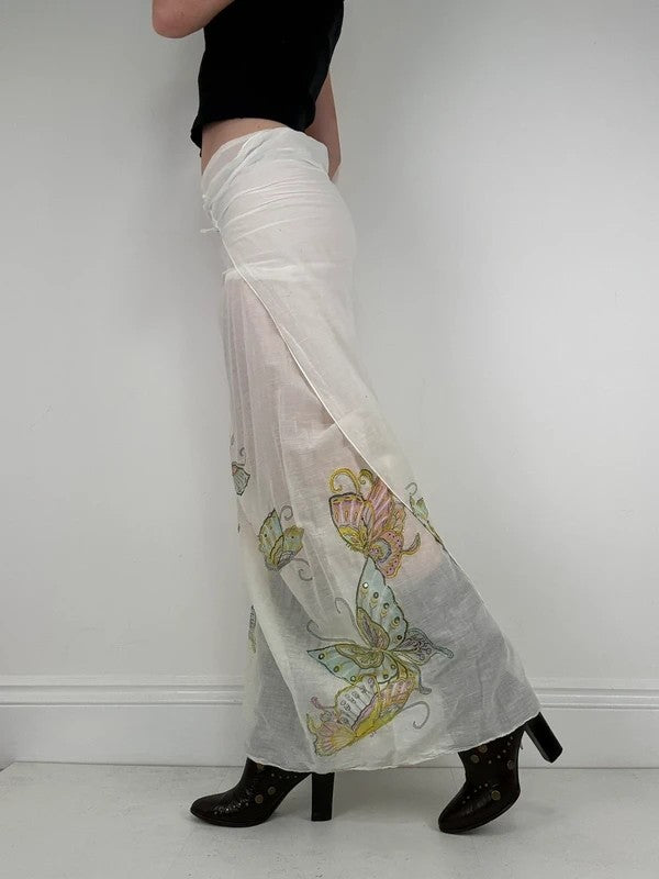 White cotton sheer butterfly summer maxi cover-up