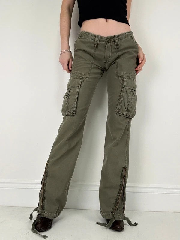 Low rise khaki flared cargo utility trousers