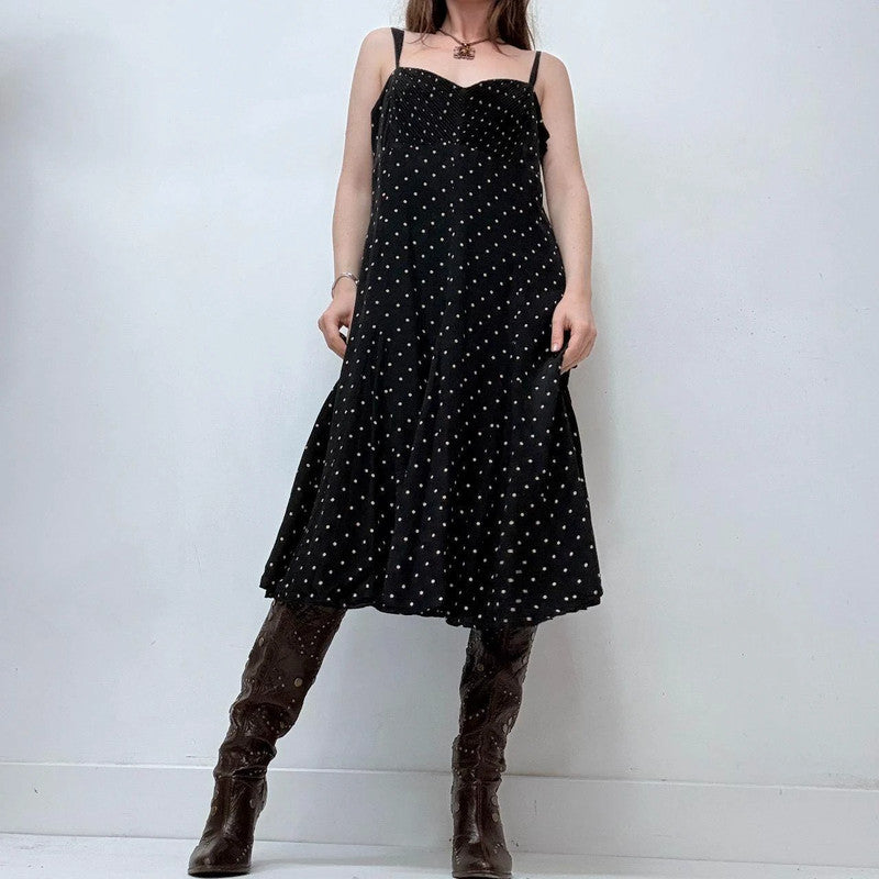black polkadot flared flutter midi dress
