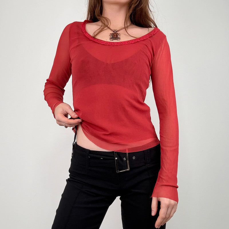 red sheer mesh layered long sleeve t-shirt