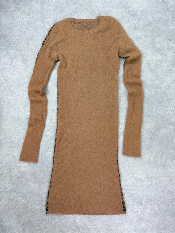 sheer knit long sleeve slouchy leopard printed dress