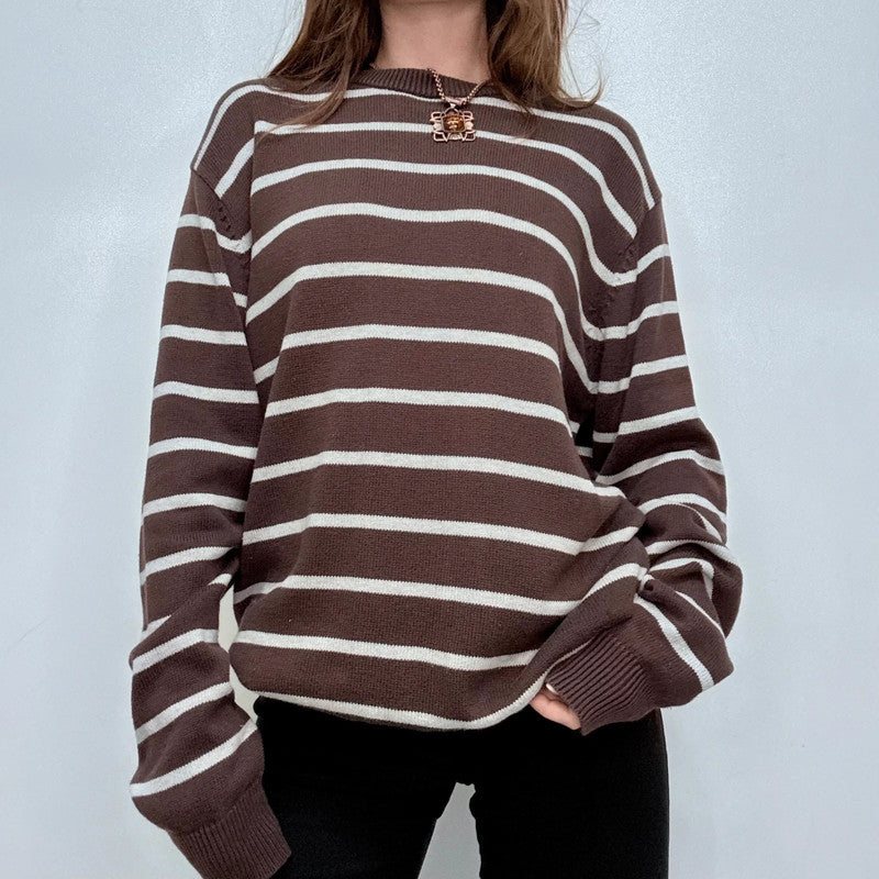 brown striped cotton knitted jumper