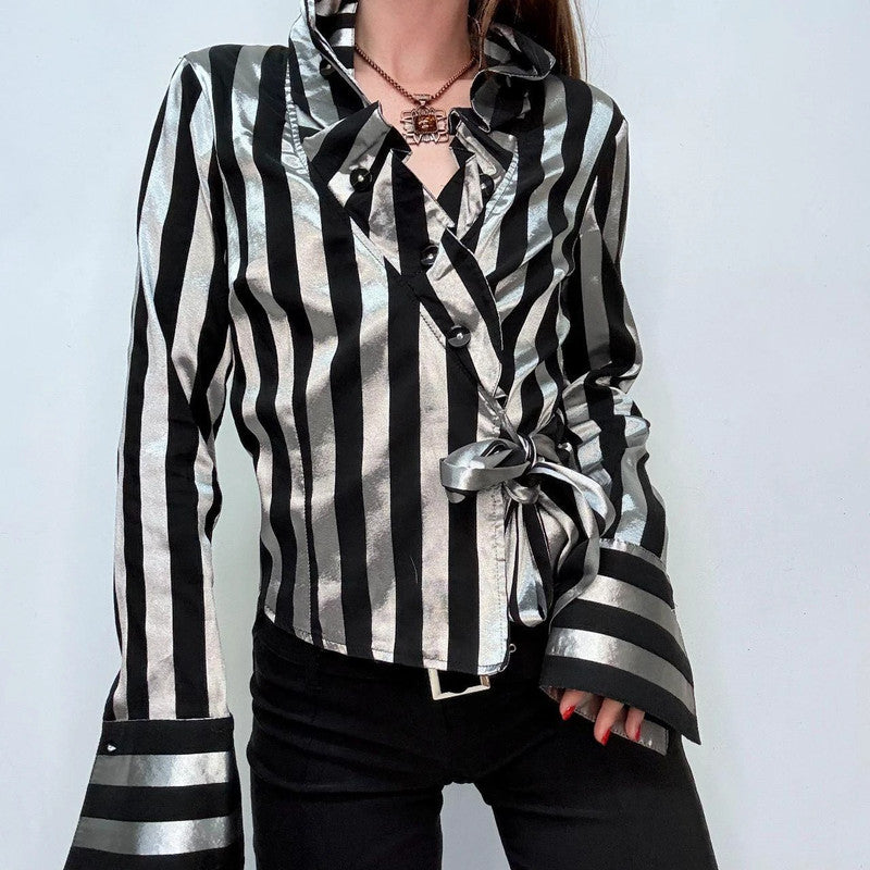 asymmetric striped ruffle shirt