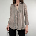 brown pleated flared patchwork button shirt