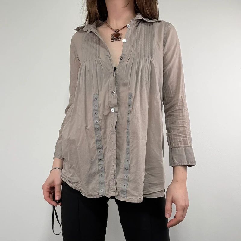 brown pleated flared patchwork button shirt