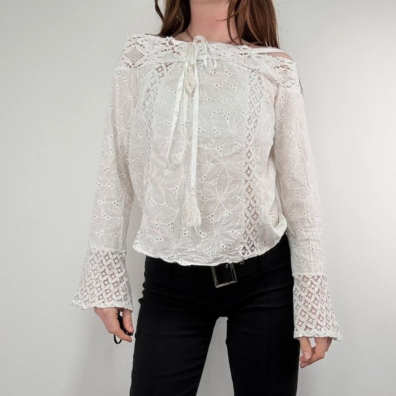 white lace embroidered off the shoulder lace blouse