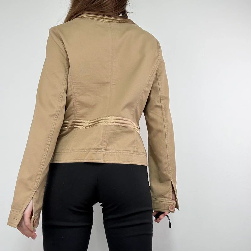 tan boxy cropped fit jacket with exposed button detail
