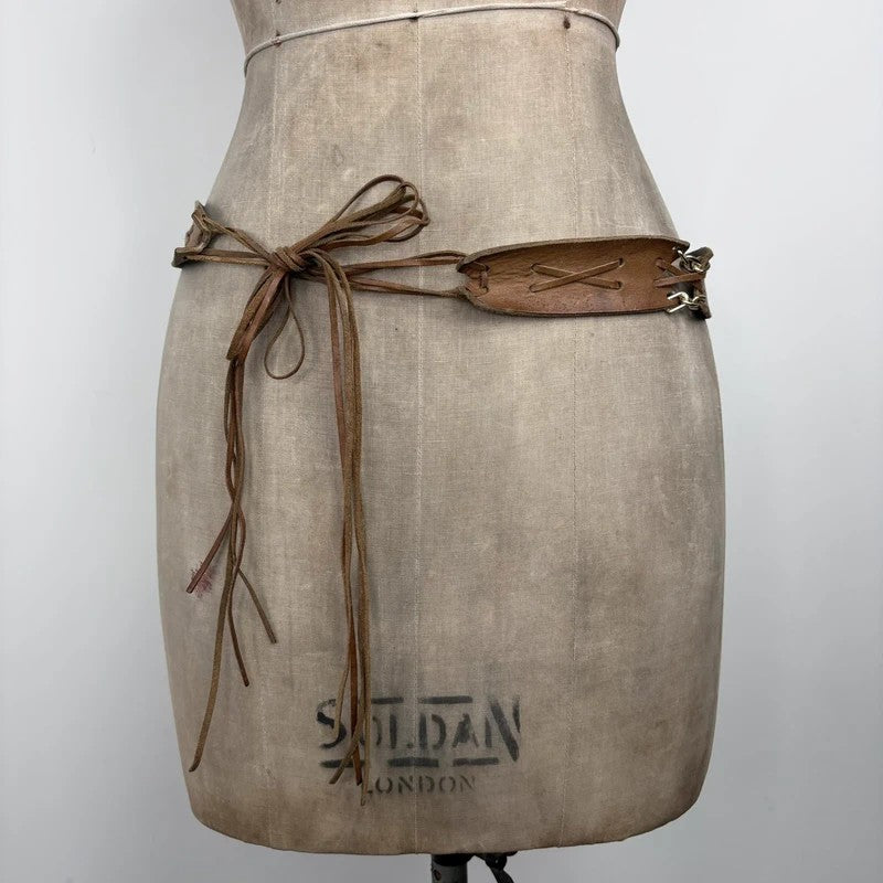 Boho tan leather belt with gold chain and tassel suede