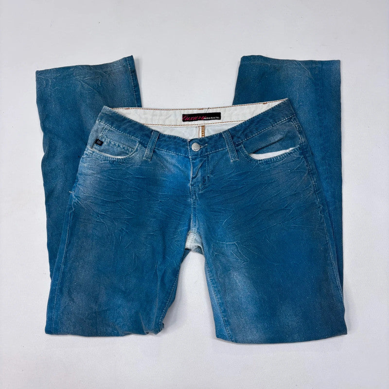 low-rise distressed blue crinkle jeans