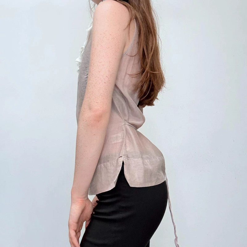 lace ruffle sheer silk cream shirt