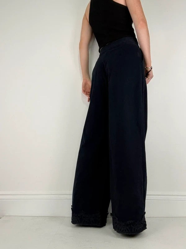 navy ultra wide leg lace hem trousers