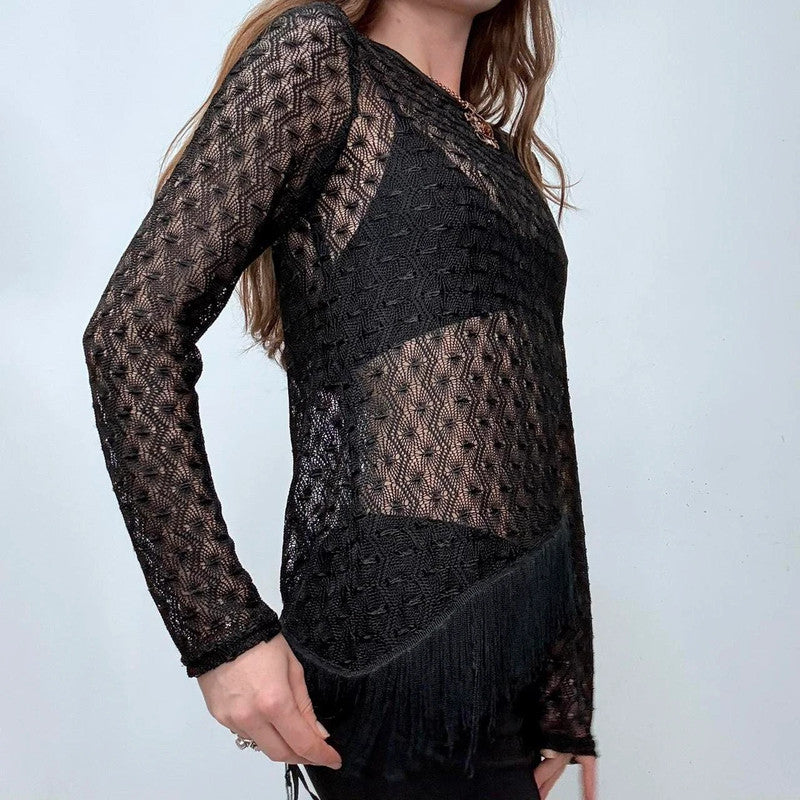black sheer crochet lace tassel top