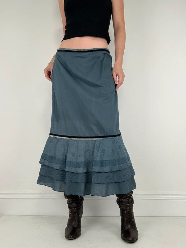 Blue cotton lace tiered maxi skirt