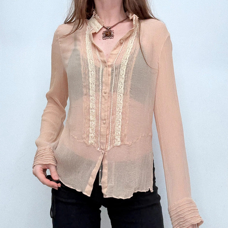 sheer crinkle silk lace blouse