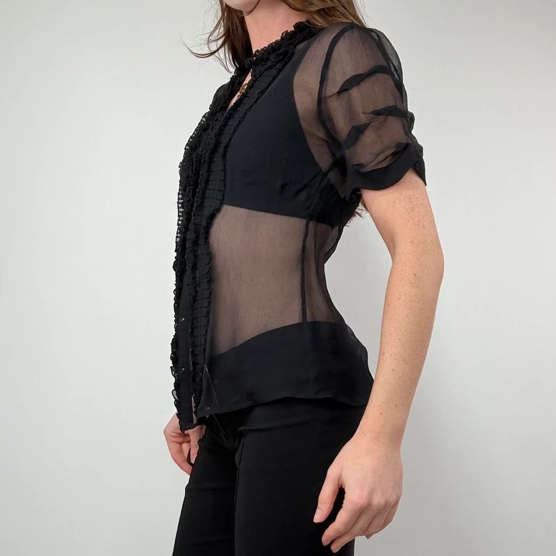 black sheer silk ruffle shirt with short sleeves