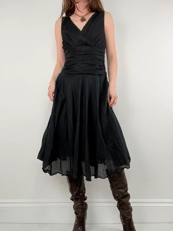 Black pleated cotton flared monsoon dress
