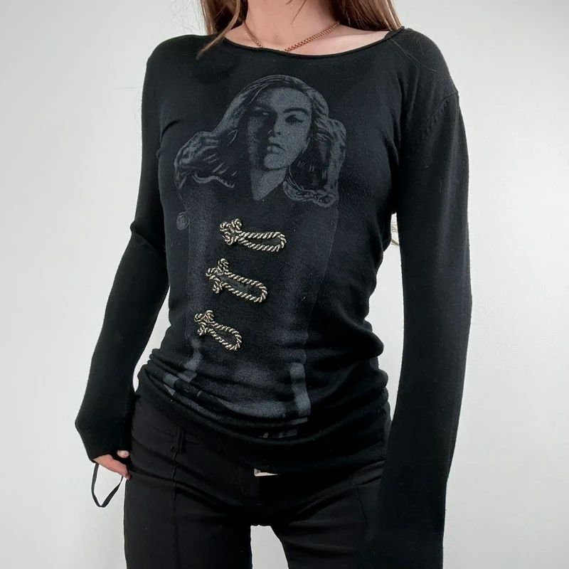 black long sleeve printed nepolion detailed t-shirt