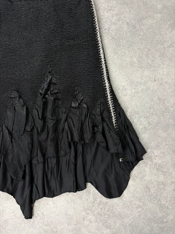 Black crinkle pleated cinched ruffle maxi skirt
