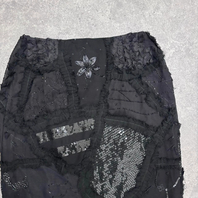 black sheer embroidered lace midi skirt