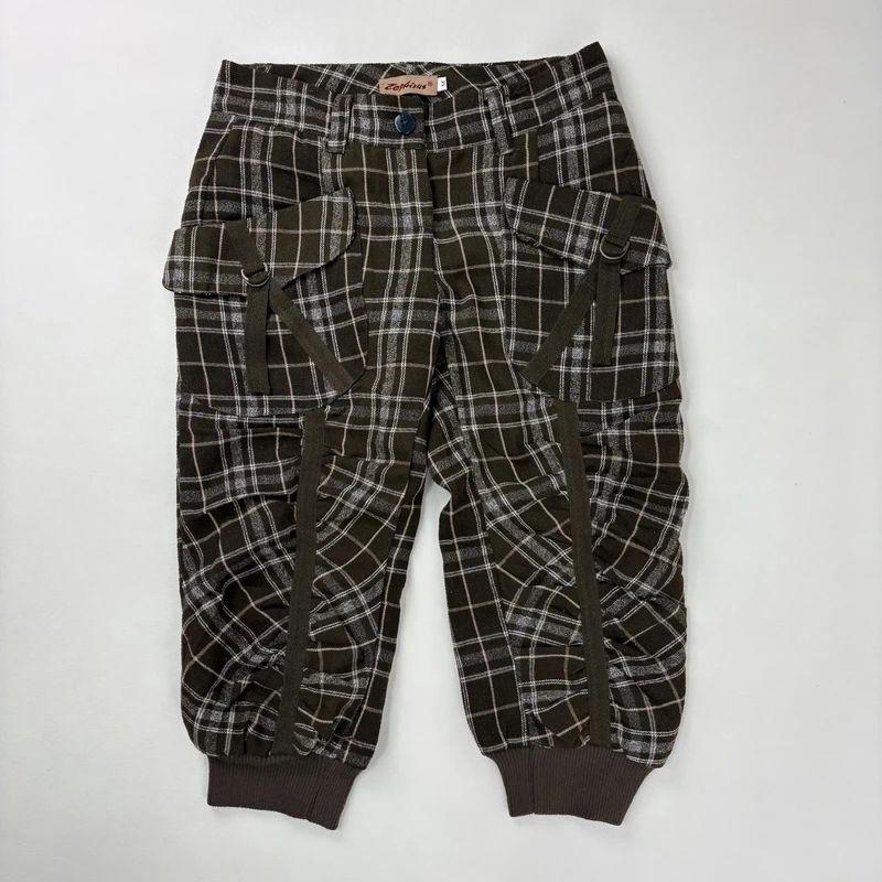 khaki tartan puff cinched capri trousers