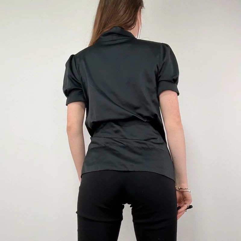 Black Satin Fitted Bow Shirt