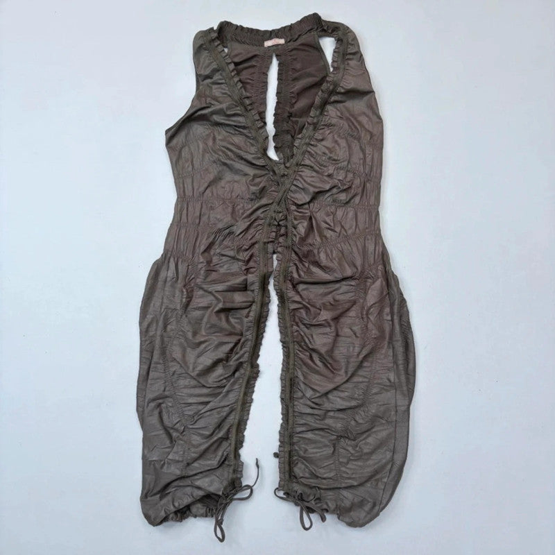 gathered cinched khaki green pantaloon dress