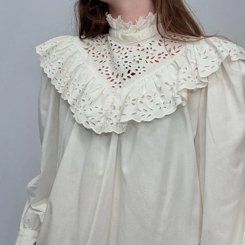 white cotton puff lace high neck shirt