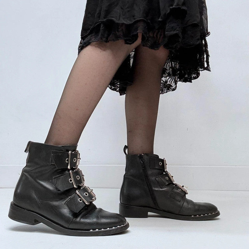 black leather studded buckle boots