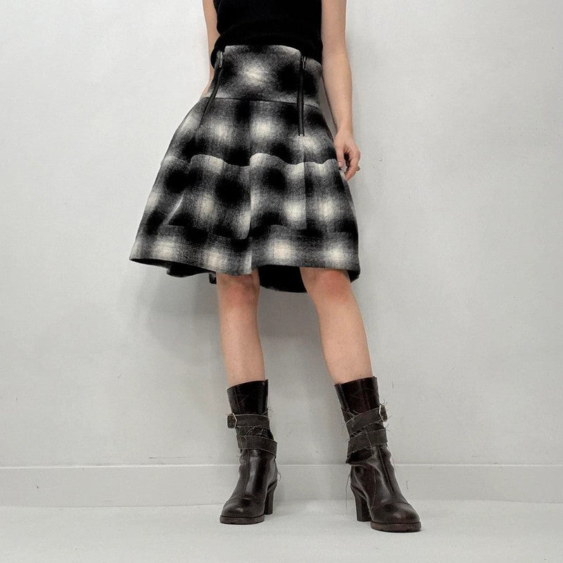 black checked puff structured skirt