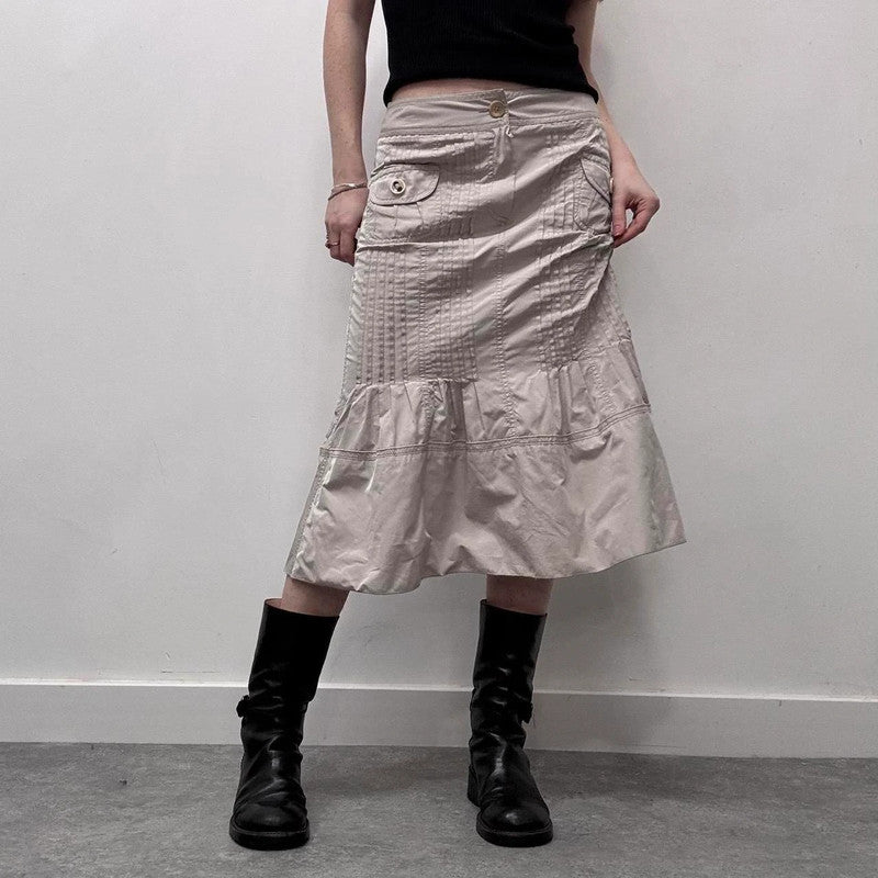 tan pleated flared midi skirt