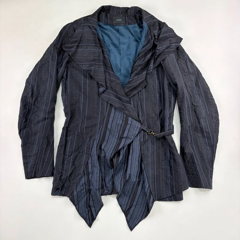 Navy Pinstripe Asymmetric Ruffle Jacket