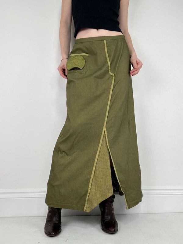 asymmetric khaki maxi skirt