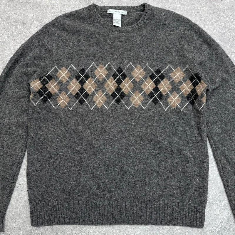 wool knitted grey argyle v-neck jumper
