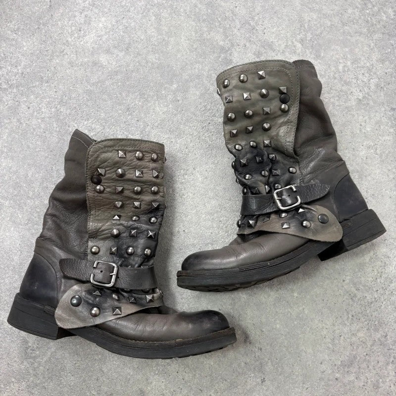 Grey studded slouchy leather boots
