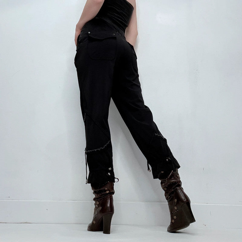 black grunge gothic cinched style ruffle capri pants