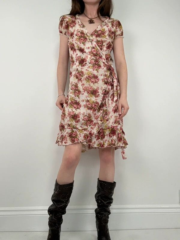 floral rose ruffle wrap around mini summer tea dress