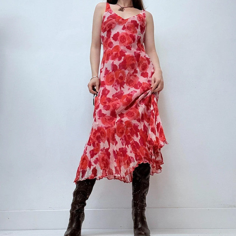 red floral rose silk bias cut maxi dress