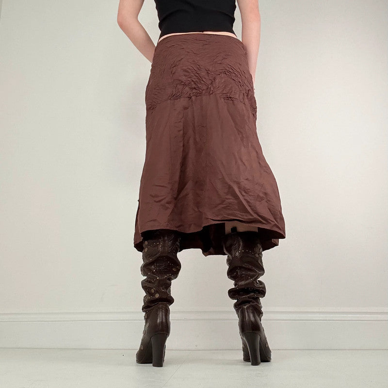 brown crinkle pleated puff skirt