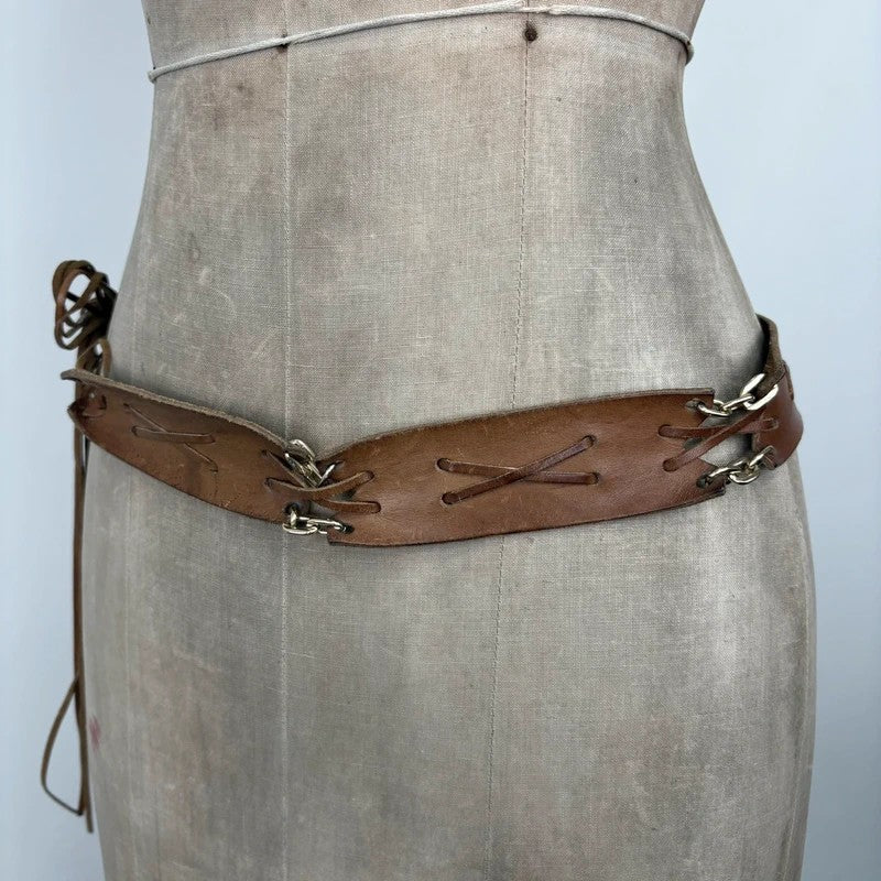 Boho tan leather belt with gold chain and tassel suede