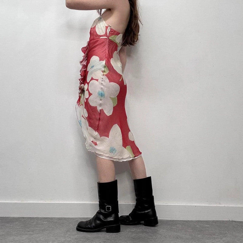 ruffle silk floral red dress
