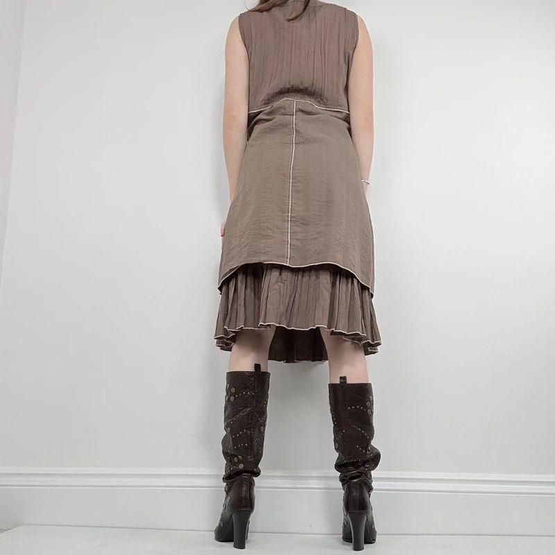 tan crinkle pleated midi dress