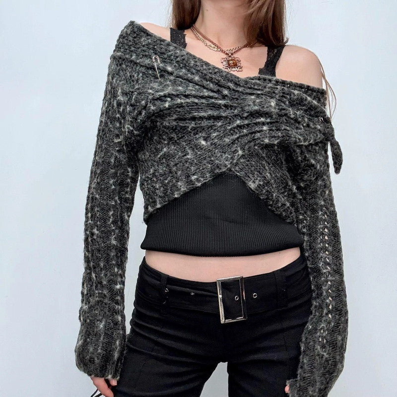 grey wrap wide neck cardigan