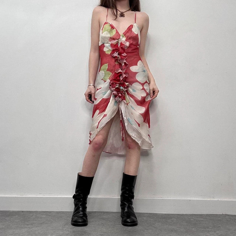 ruffle silk floral red dress