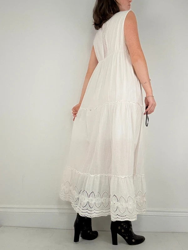 white cotton lace pleated tiered maxi dress