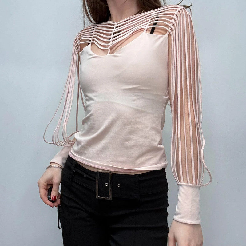 pastel pink cut-out sleeve flared shirt