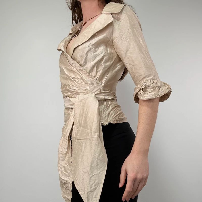 gathered crinkle silk structured wrap shirt