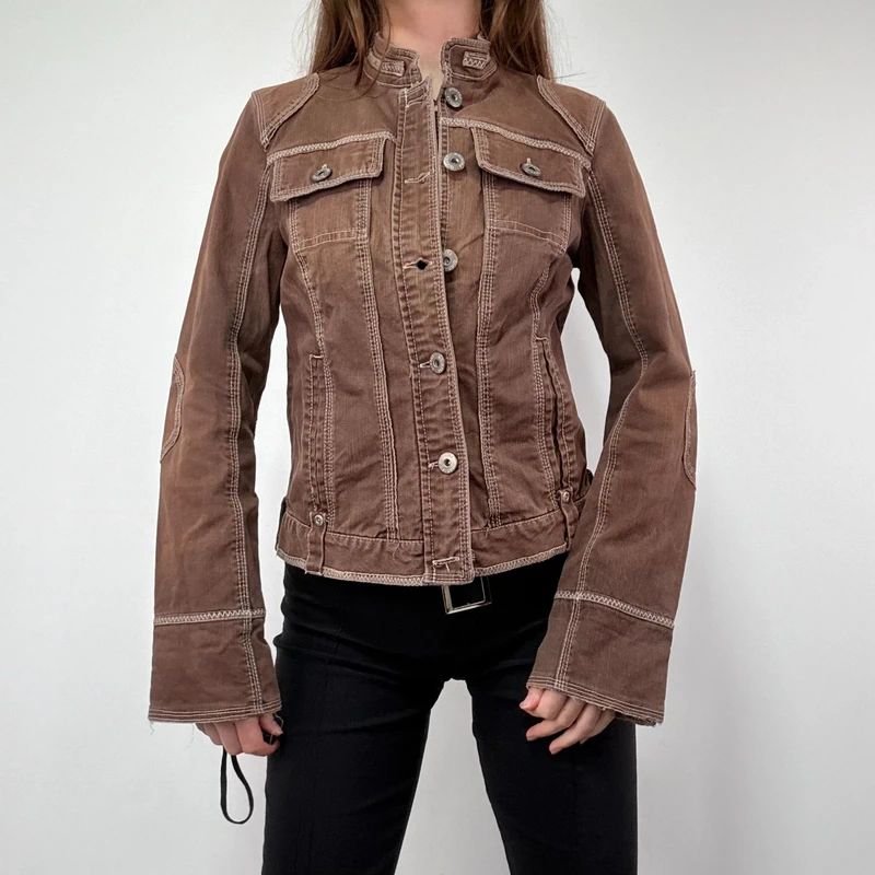distressed brown cargo denim jacket